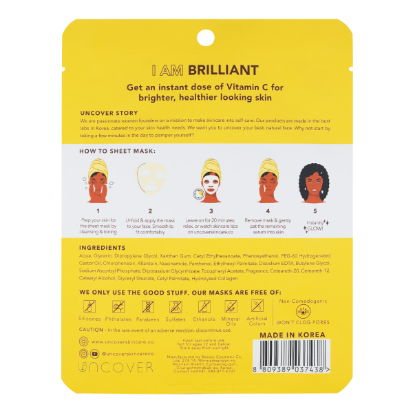 With an instant dose of Vitamin C, this sheet mask brightens dull and uneven toned skin in just 20 minutes for healthy, glowing skin • uncoverskincare.co